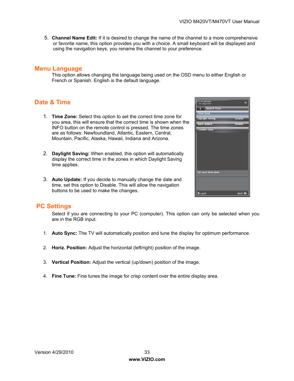 Menu language, Date & time, Pc settings | Tv settings, Input, Channels | Vizio M420VT User Manual | Page 33 / 55