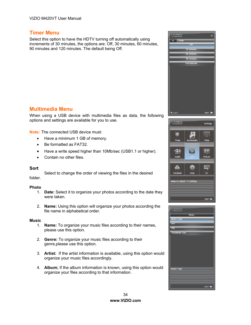 Timer menu, Multimedia menu, Sort | Photo, Music, Menu language, Date & time | Vizio M420VT User Manual | Page 34 / 55