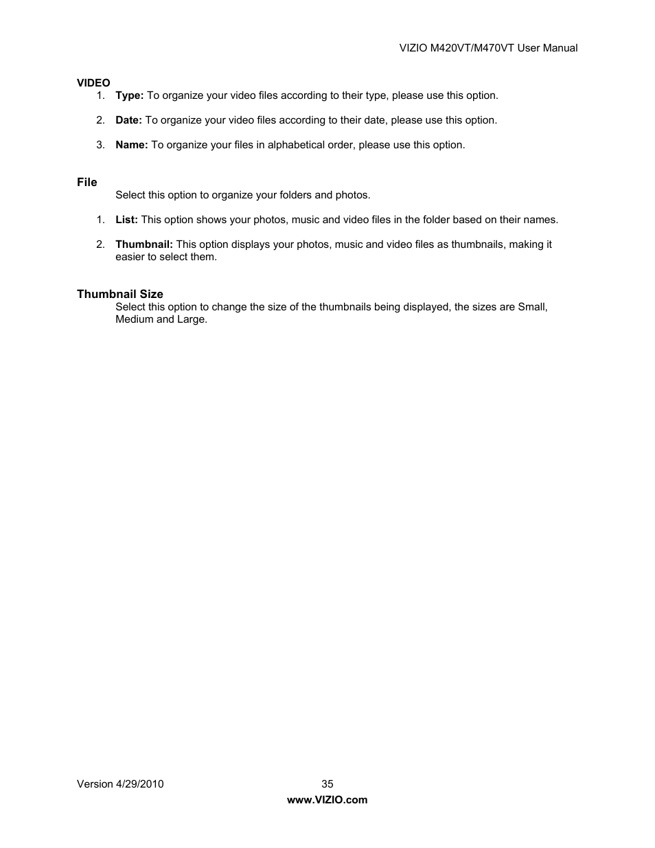 Video, File, Thumbnail size | Vizio M420VT User Manual | Page 35 / 55