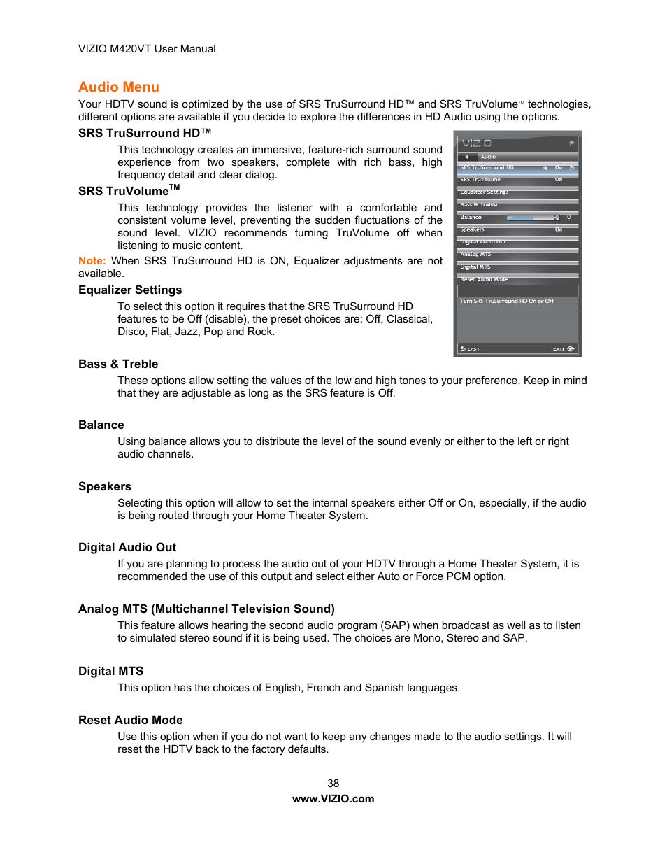 Audio menu, Timer menu | Vizio M420VT User Manual | Page 38 / 55