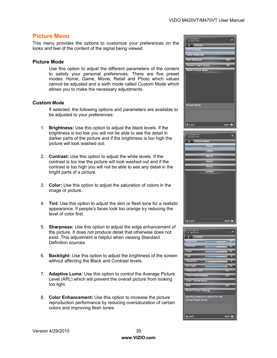 Picture menu, Multimedia menu | Vizio M420VT User Manual | Page 39 / 55