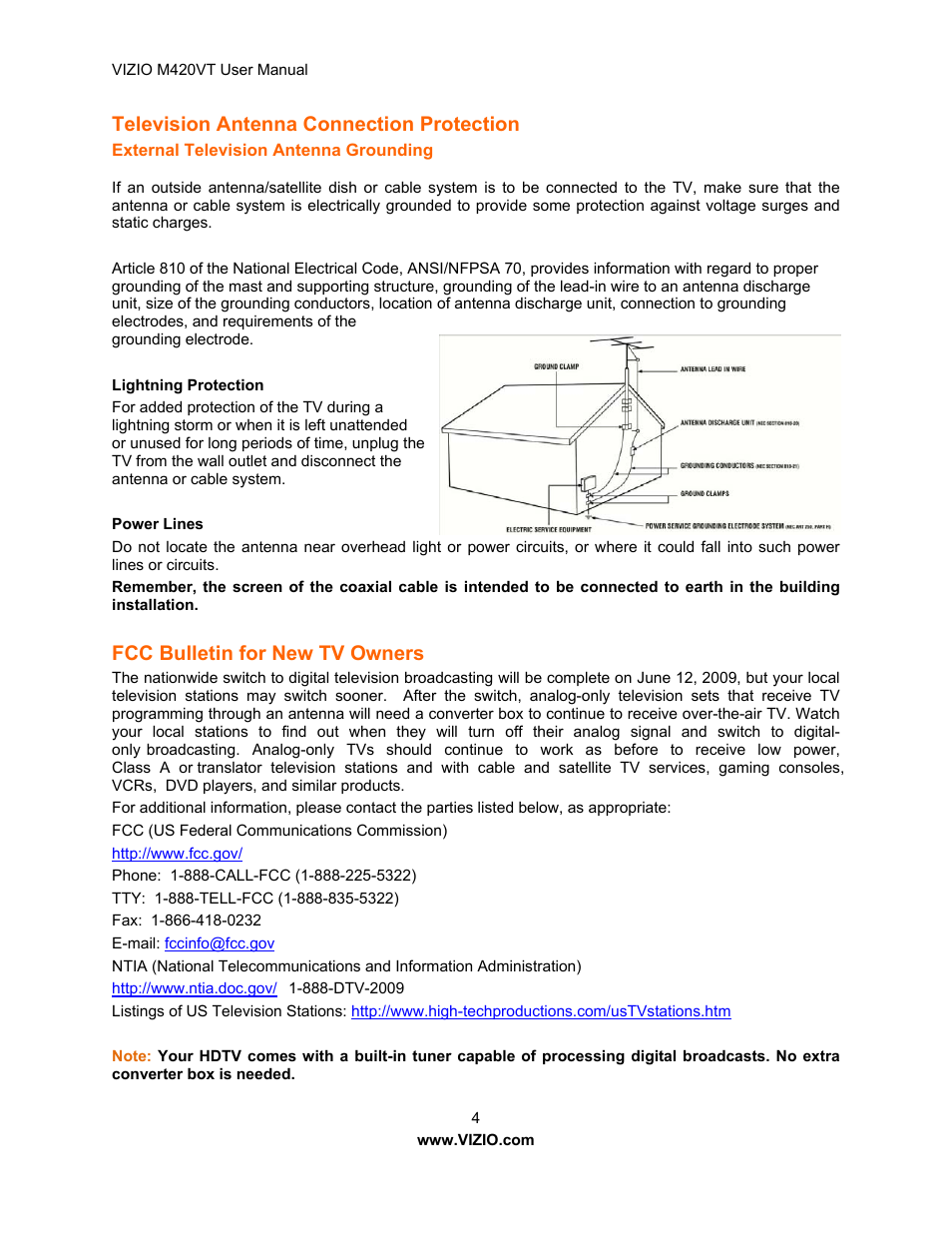 Television antenna connection protection, Fcc bulletin for new tv owners | Vizio M420VT User Manual | Page 4 / 55