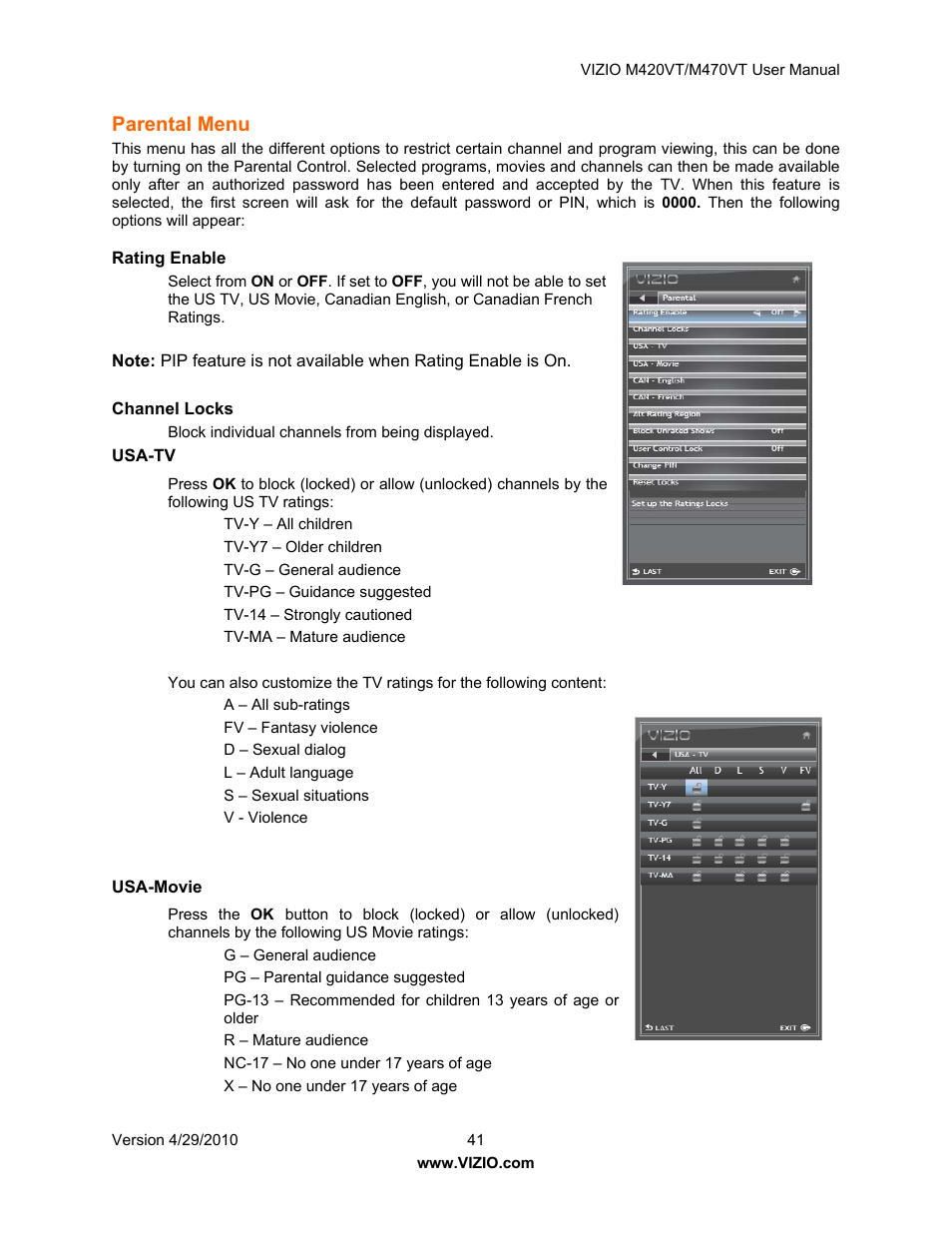 Parental menu, Rating enable, Channel locks | Usa-tv, Wide menu | Vizio M420VT User Manual | Page 41 / 55