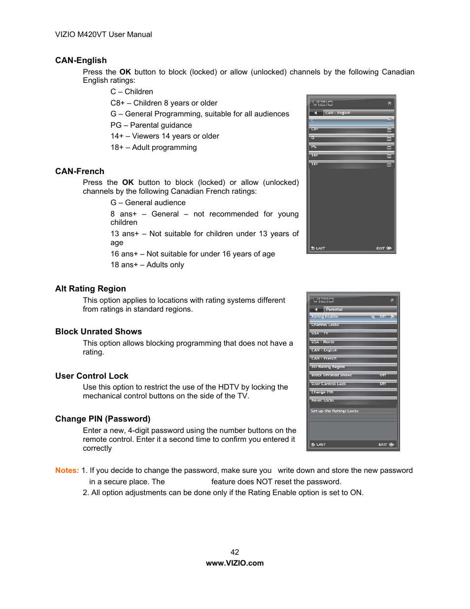 Can-english, Can-french, Alt rating region | Block unrated shows, User control lock, Change pin (password) | Vizio M420VT User Manual | Page 42 / 55