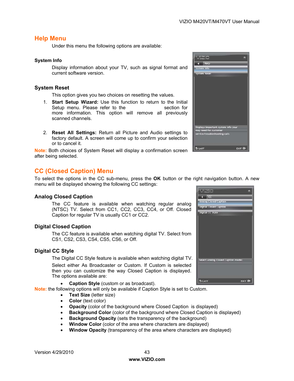 Help menu, Cc (closed caption) menu, Analog closed caption | Digital closed caption, Digital cc style, Audio menu, Picture menu, Parental menu | Vizio M420VT User Manual | Page 43 / 55