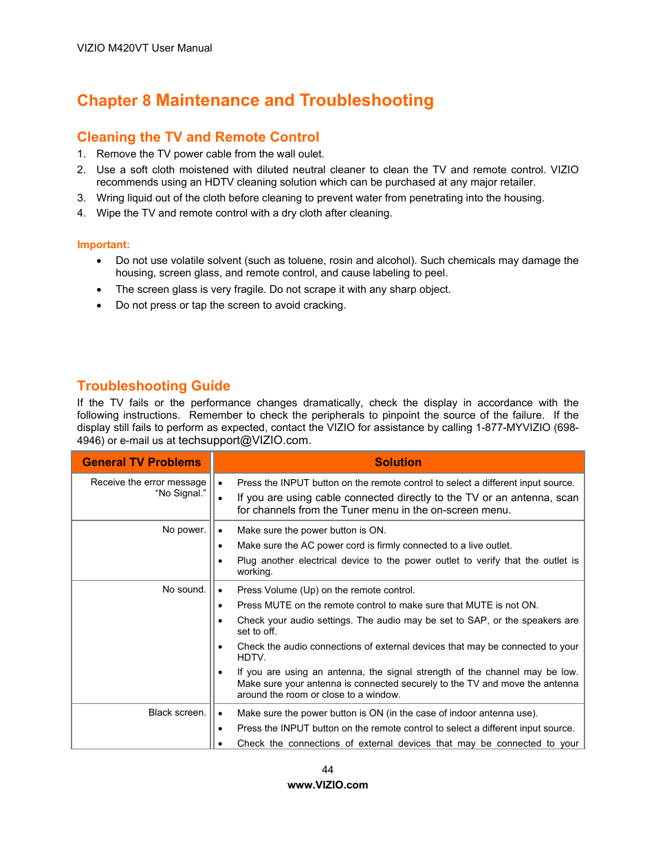 Chapter 8 maintenance and troubleshooting, Cleaning the tv and remote control, Troubleshooting guide | Help menu, Cc (closed caption) menu, Hapter 8 maintenance and troubleshooting, Maintenance and troubleshooting, Chapter 8 | Vizio M420VT User Manual | Page 44 / 55