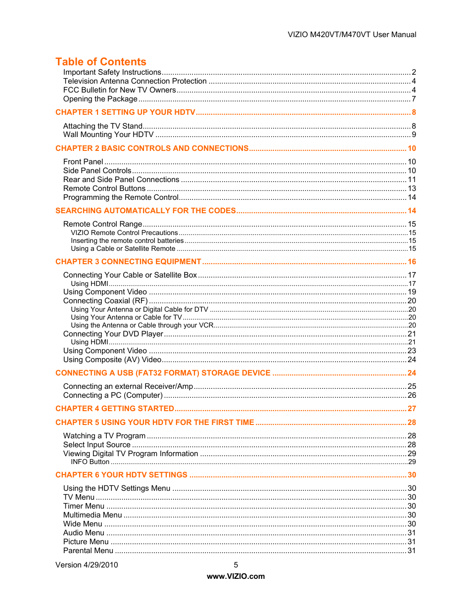 Able of contents | Vizio M420VT User Manual | Page 5 / 55