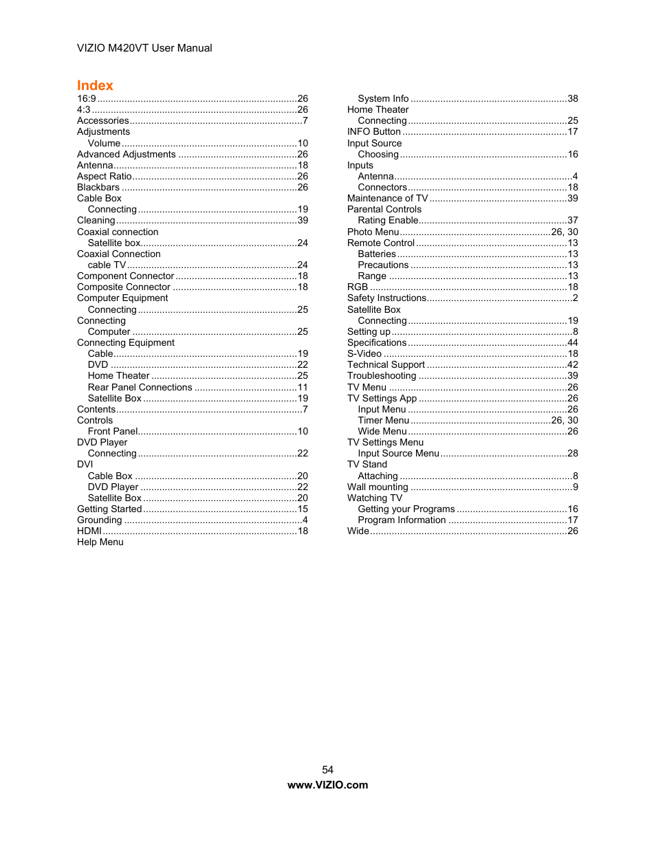 Preset pc resolutions, Index | Vizio M420VT User Manual | Page 54 / 55