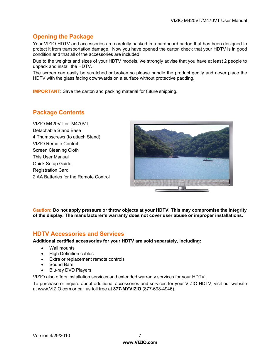 Opening the package, Television antenna connection protection, Package contents | Hdtv accessories and services | Vizio M420VT User Manual | Page 7 / 55