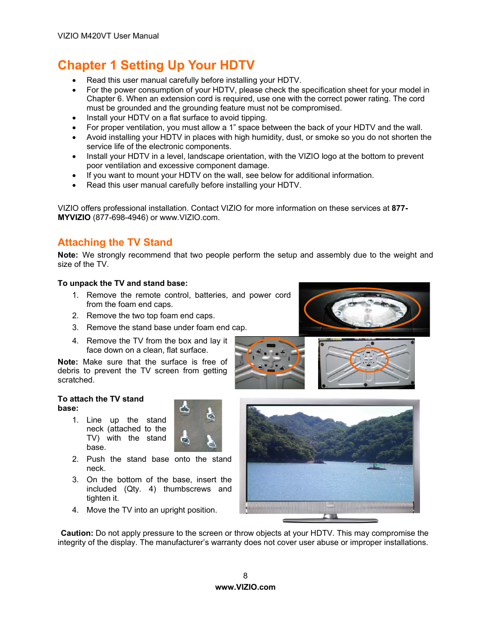 Chapter 1 setting up your hdtv, Attaching the tv stand, Fcc bulletin for new tv owners | Opening the package | Vizio M420VT User Manual | Page 8 / 55