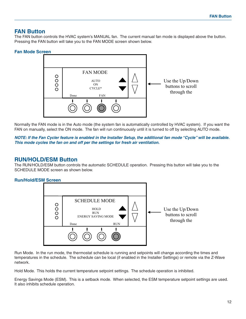 Fan button, Run/hold/esm button, Fan button run/hold/esm button | Vizio Z WAVE TZEMT400AB32MAA User Manual | Page 11 / 34