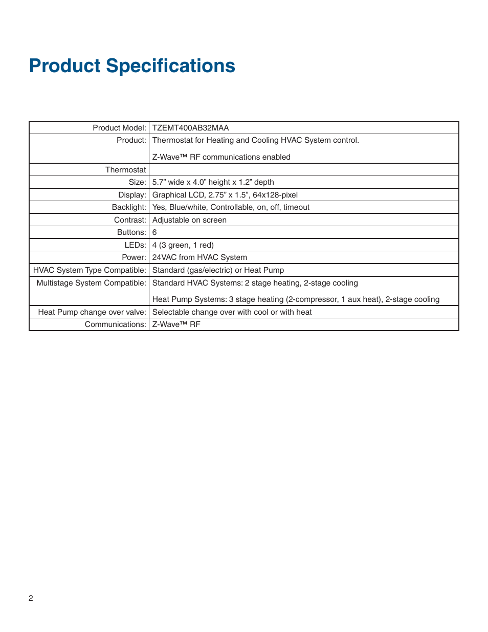 Product specifications | Vizio Z WAVE TZEMT400AB32MAA User Manual | Page 2 / 34