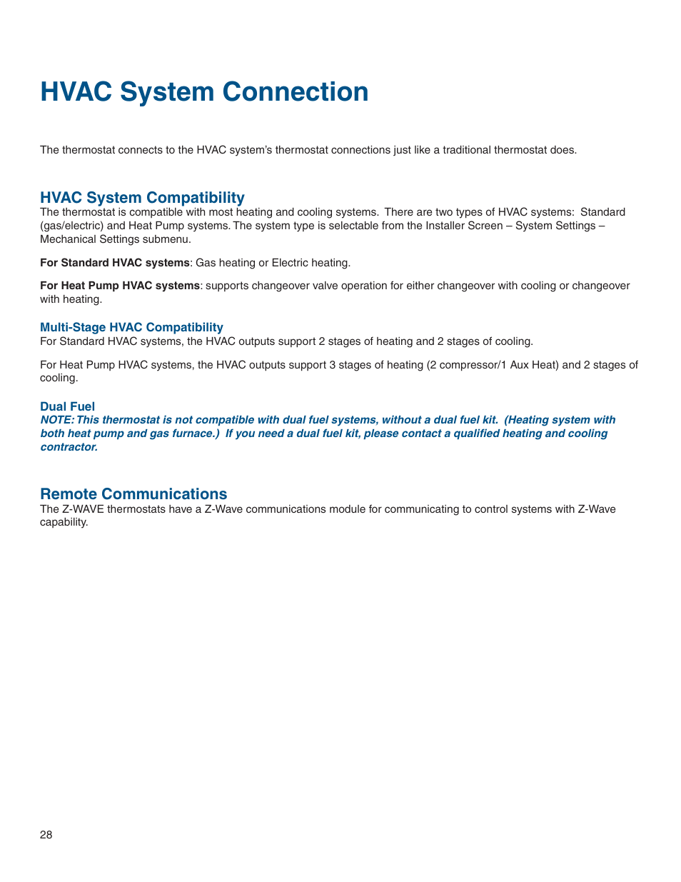 Hvac system connection, Hvac system compatibility, Remote communications | Hvac system compatibility remote communications | Vizio Z WAVE TZEMT400AB32MAA User Manual | Page 28 / 34