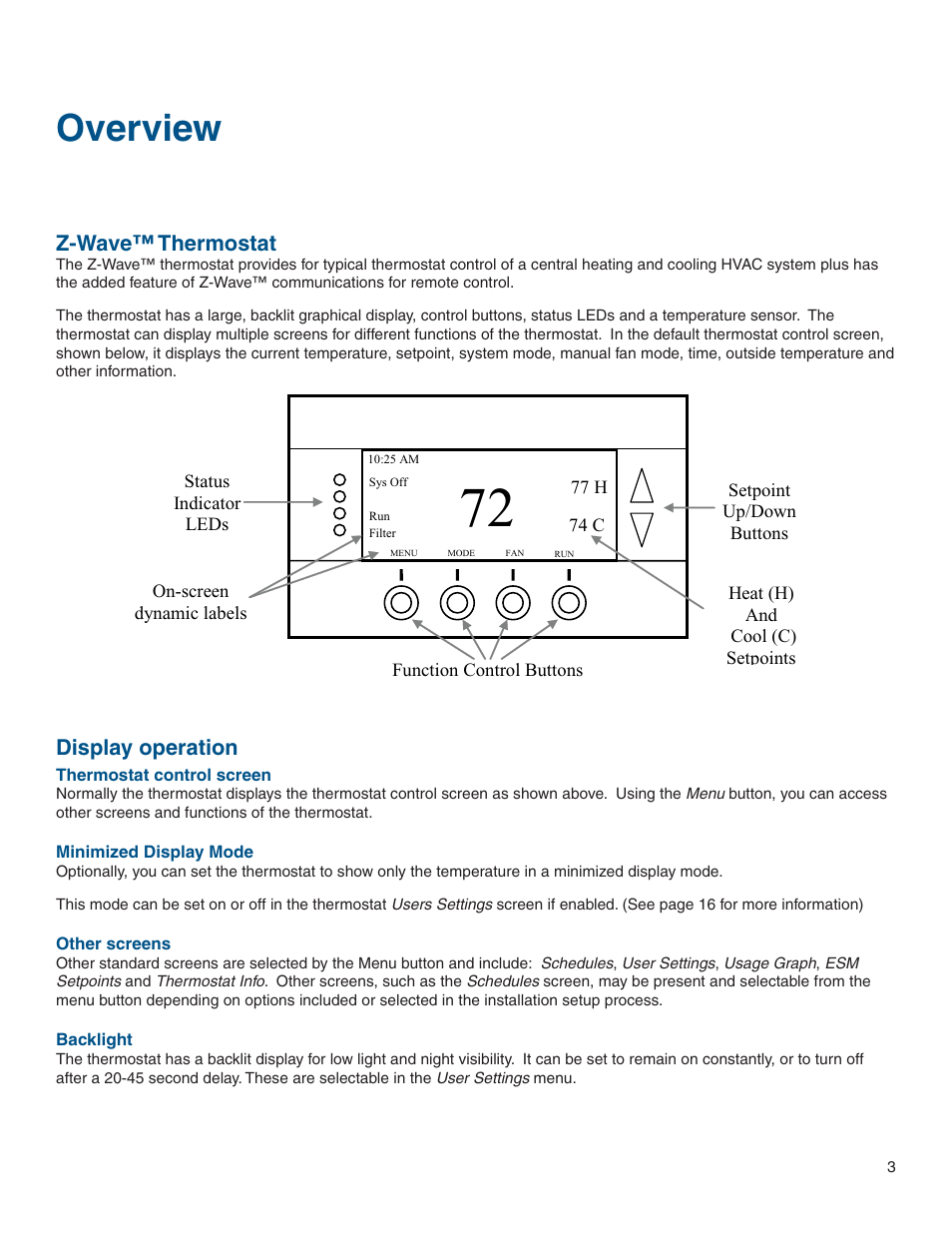 Overview, Z-wave™ thermostat, Display operation | Z-wave™ thermostat display operation | Vizio Z WAVE TZEMT400AB32MAA User Manual | Page 3 / 34