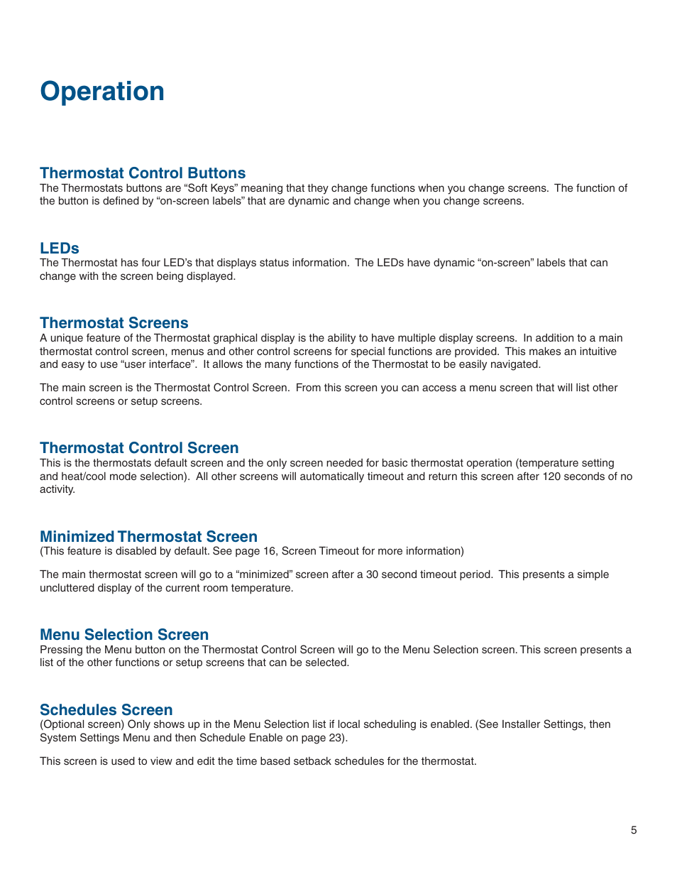 Operation, Thermostat control buttons, Leds | Thermostat screens, Thermostat control screen, Minimized thermostat screen, Menu selection screen, Schedules screen | Vizio Z WAVE TZEMT400AB32MAA User Manual | Page 5 / 34