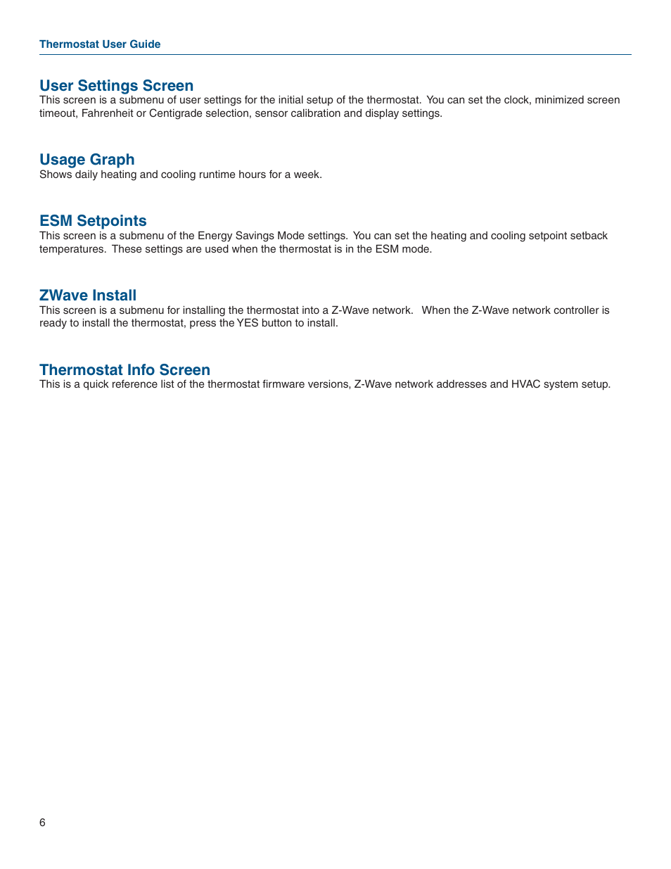 User settings screen, Usage graph, Esm setpoints | Zwave install, Thermostat info screen | Vizio Z WAVE TZEMT400AB32MAA User Manual | Page 6 / 34