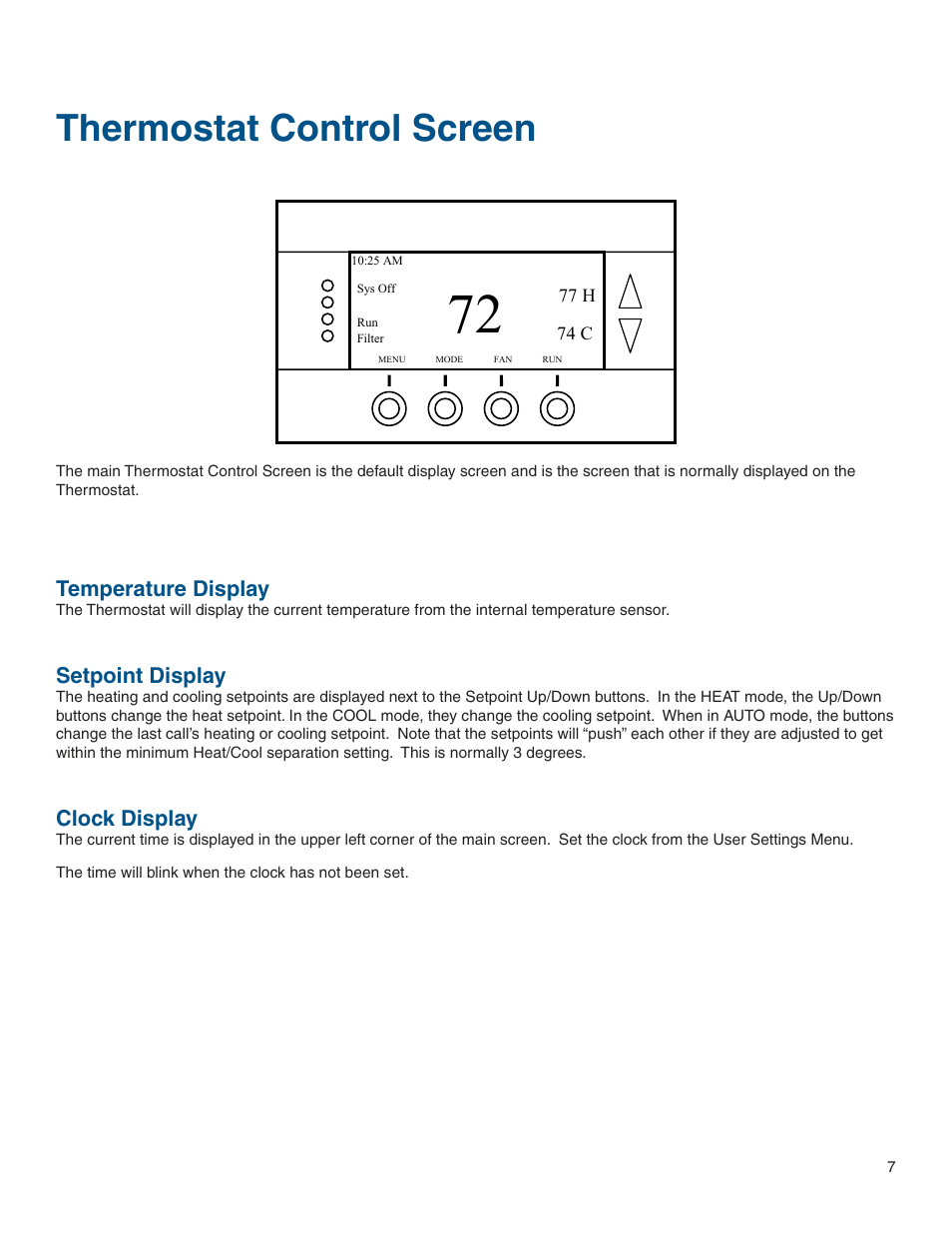 Thermostat control screen, Temperature display, Setpoint display | Clock display, Temperature display setpoint display clock display | Vizio Z WAVE TZEMT400AB32MAA User Manual | Page 7 / 34