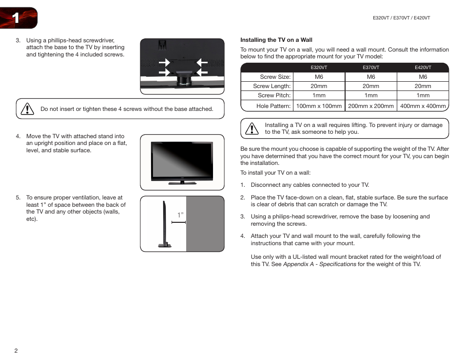 Installing the tv on a wall | Vizio E370VT User Manual | Page 10 / 48