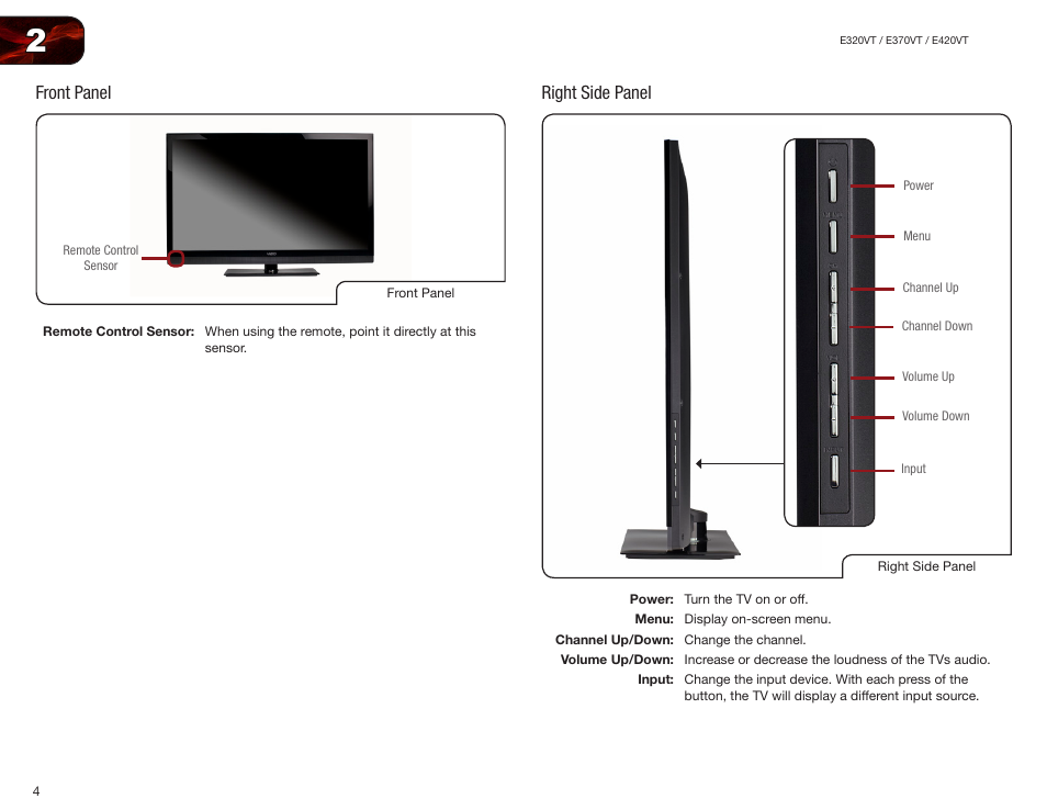 Front panel, Right side panel, Front panel right side panel | Vizio E370VT User Manual | Page 12 / 48