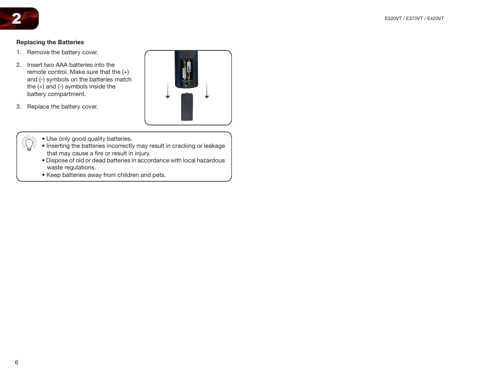 Replacing the batteries | Vizio E370VT User Manual | Page 14 / 48