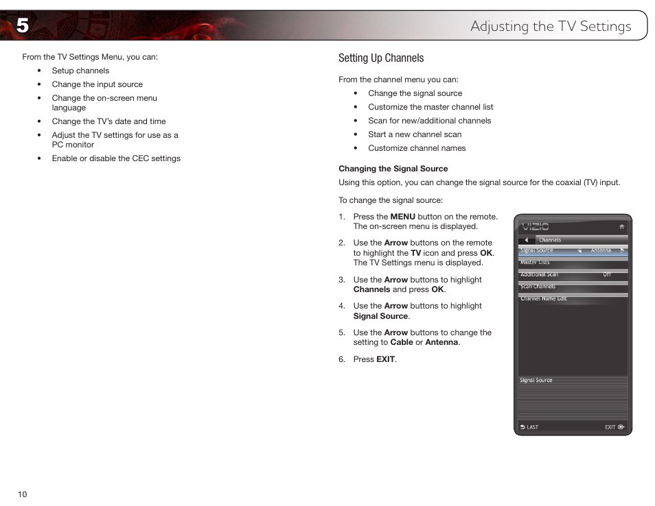 Adjusting the tv settings, Setting up channels, Changing the signal source | Vizio E370VT User Manual | Page 18 / 48