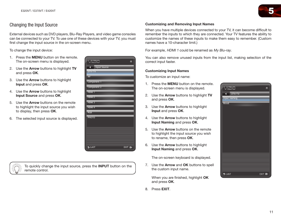 Changing the input source, Customizing and removing input names, Customizing input names | Vizio E370VT User Manual | Page 19 / 48