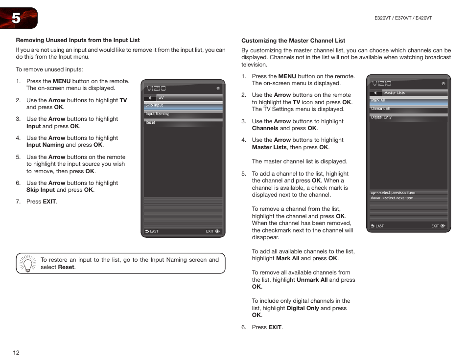 Removing unused inputs from the input list, Customizing the master channel list | Vizio E370VT User Manual | Page 20 / 48