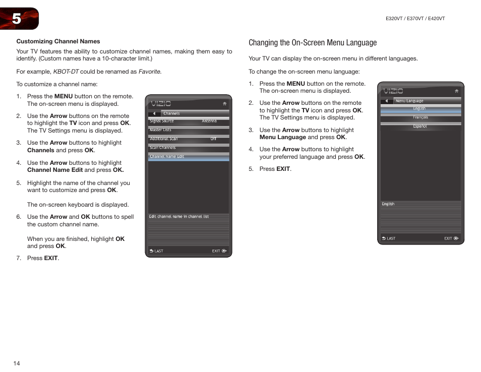 Customizing channel names, Changing the on-screen menu language | Vizio E370VT User Manual | Page 22 / 48