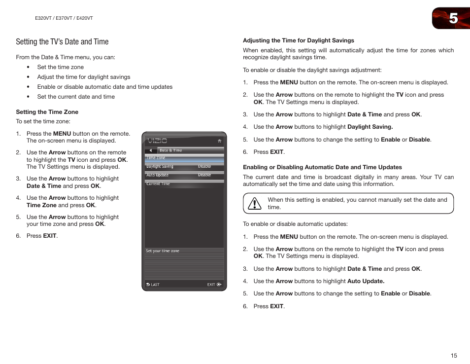 Setting the tv’s date and time, Setting the time zone, Adjusting the time for daylight savings | Vizio E370VT User Manual | Page 23 / 48