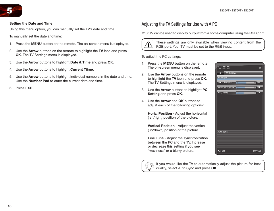 Setting the date and time, Adjusting the tv settings for use with a pc | Vizio E370VT User Manual | Page 24 / 48