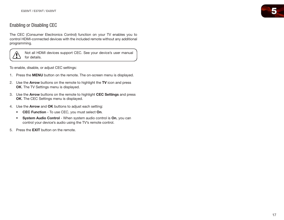 Enabling or disabling cec | Vizio E370VT User Manual | Page 25 / 48