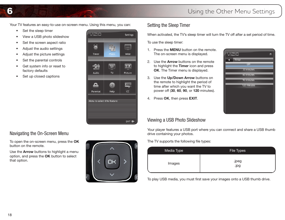 Using the other menu settings, Navigating the on-screen menu, Setting the sleep timer | Viewing a usb photo slideshow | Vizio E370VT User Manual | Page 26 / 48