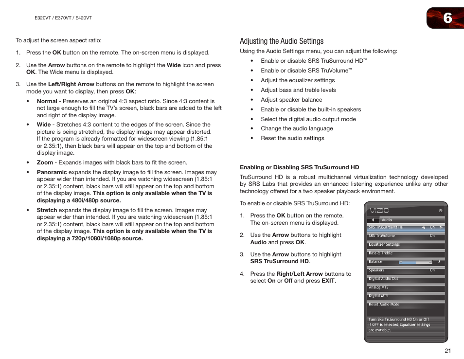 Adjusting the audio settings, Enabling or disabling srs trusurround hd | Vizio E370VT User Manual | Page 29 / 48