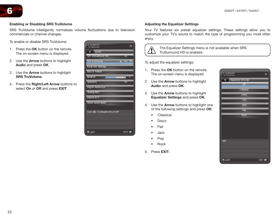 Enabling or disabling srs truvolume, Adjusting the equalizer settings | Vizio E370VT User Manual | Page 30 / 48