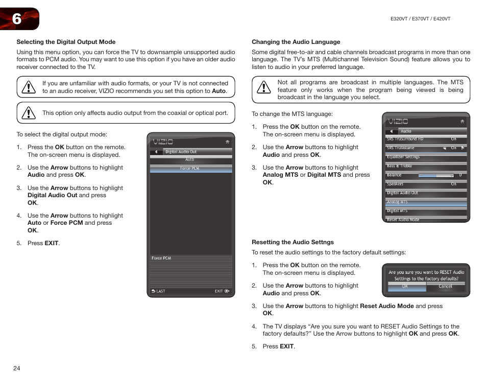 Selecting the digital output mode, Changing the audio language, Resetting the audio settngs | Vizio E370VT User Manual | Page 32 / 48