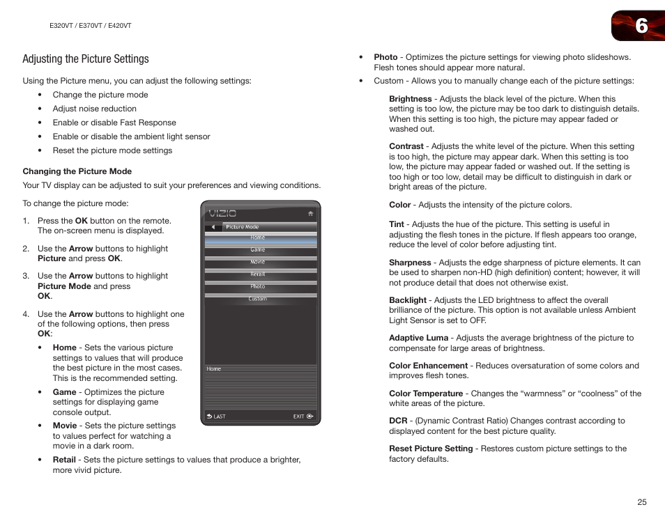 Adjusting the picture settings, Changing the picture mode | Vizio E370VT User Manual | Page 33 / 48