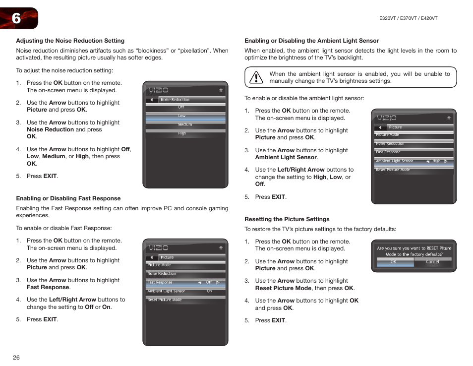 Adjusting the noise reduction setting, Enabling or disabling fast response, Enabling or disabling the ambient light sensor | Resetting the picture settings | Vizio E370VT User Manual | Page 34 / 48