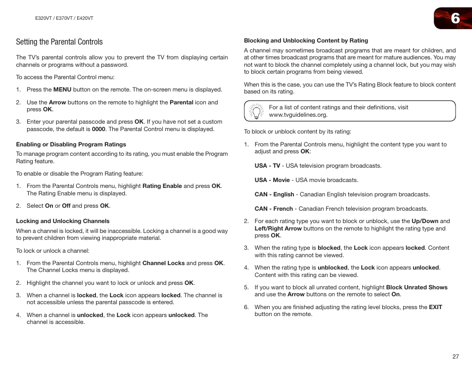 Setting the parental controls, Enabling or disabling program ratings, Locking and unlocking channels | Blocking and unblocking content by rating | Vizio E370VT User Manual | Page 35 / 48