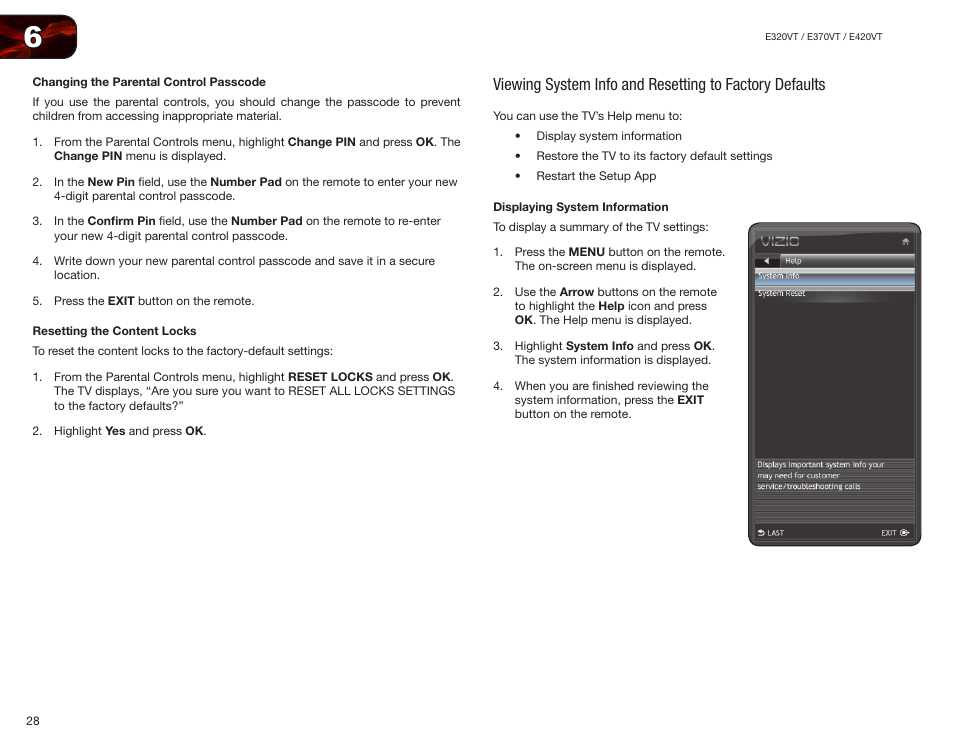 Changing the parental control passcode, Resetting the content locks, Displaying system information | Vizio E370VT User Manual | Page 36 / 48