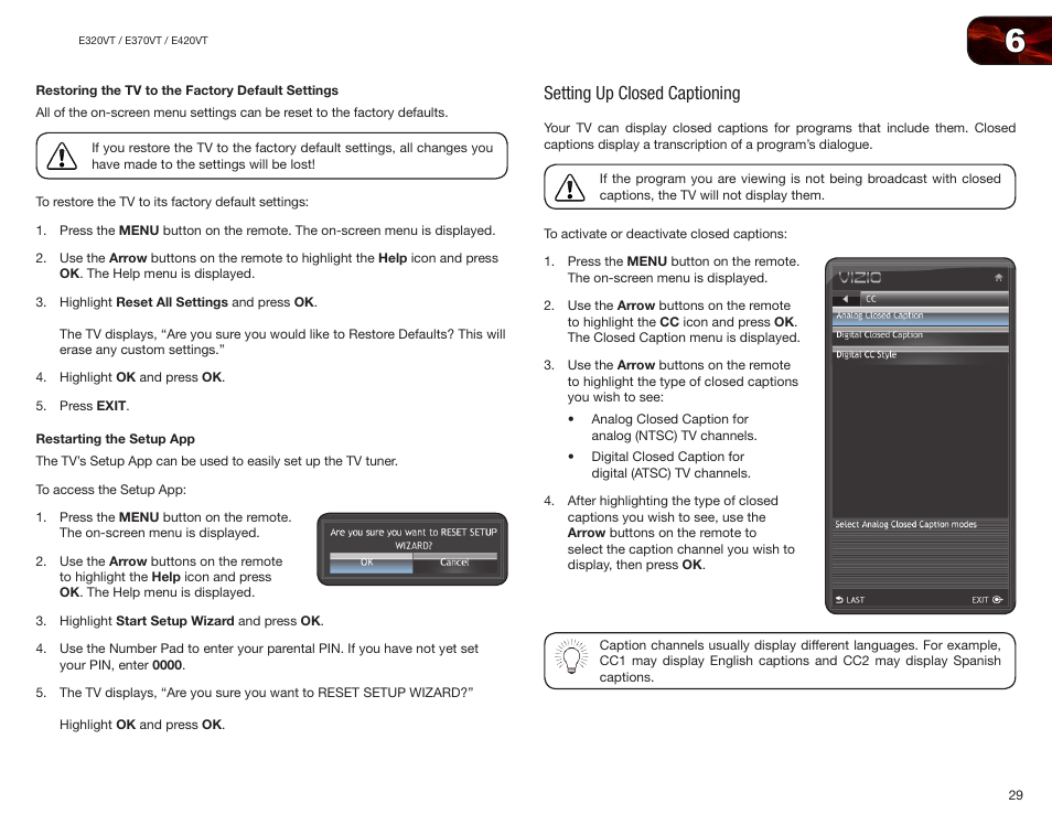 Restoring the tv to the factory default settings, Restarting the setup app, Setting up closed captioning | Vizio E370VT User Manual | Page 37 / 48