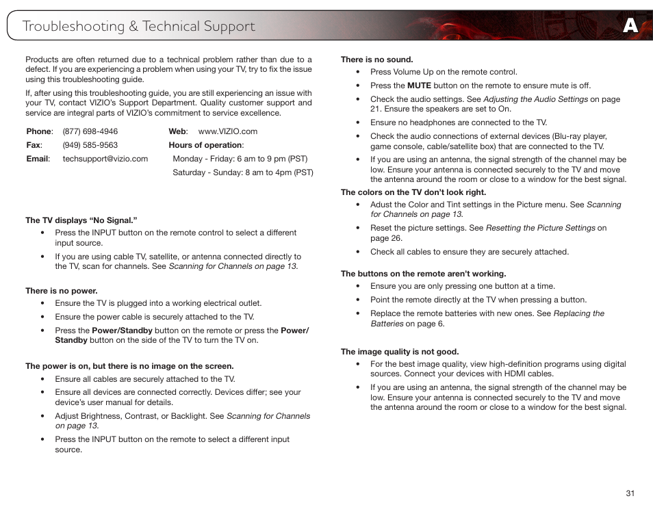 Troubleshooting & technical support, The tv displays “no signal, There is no power | There is no sound, The colors on the tv don’t look right, The buttons on the remote aren’t working, The image quality is not good | Vizio E370VT User Manual | Page 39 / 48