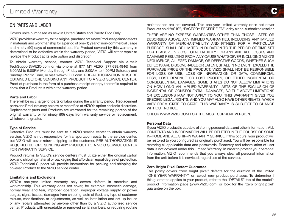 Limited warranty, On parts and labor, Parts and labor | Type of service, Limitations and exclusions, Personal data, Zero bright pixel defect guarantee | Vizio E370VT User Manual | Page 43 / 48