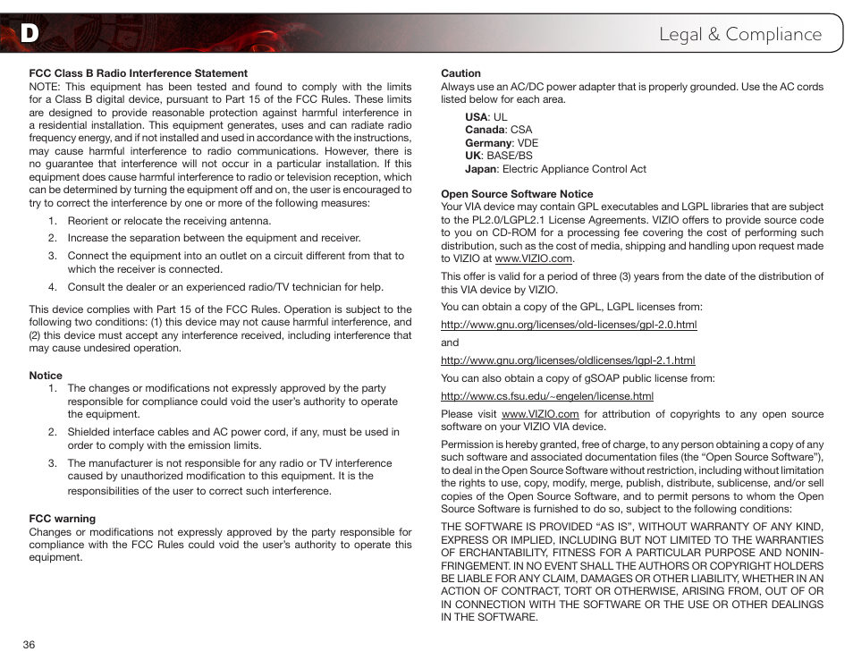 Legal & compliance, Fcc class b radio interference statement, Notice | Fcc warning, Caution, Open source software notice | Vizio E370VT User Manual | Page 44 / 48