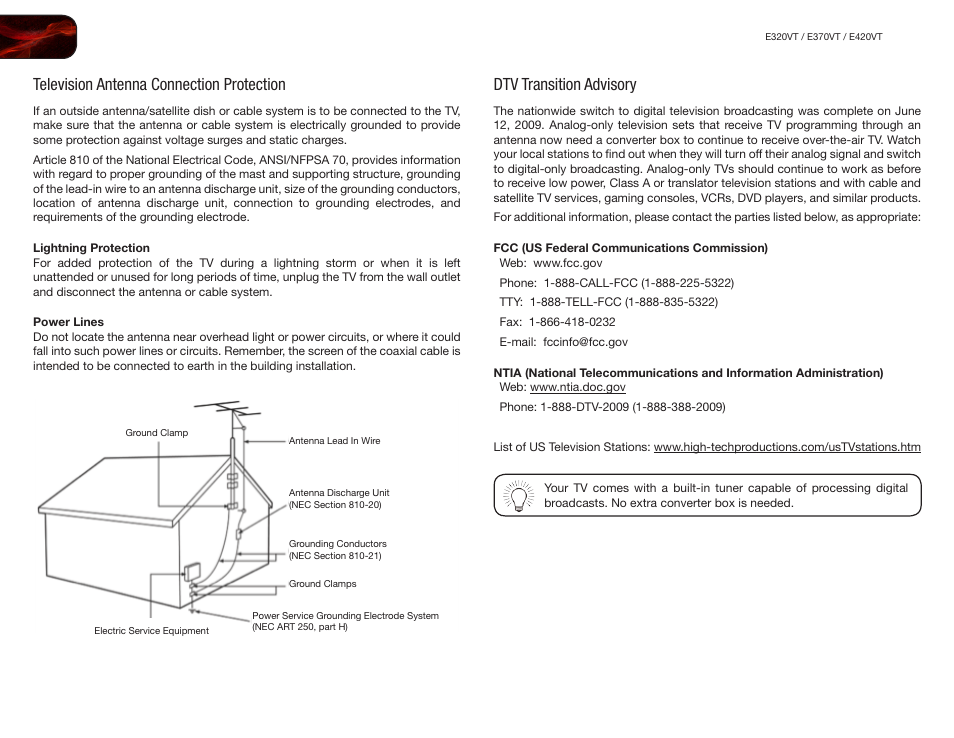 Television antenna connection protection, Dtv transition advisory | Vizio E370VT User Manual | Page 6 / 48