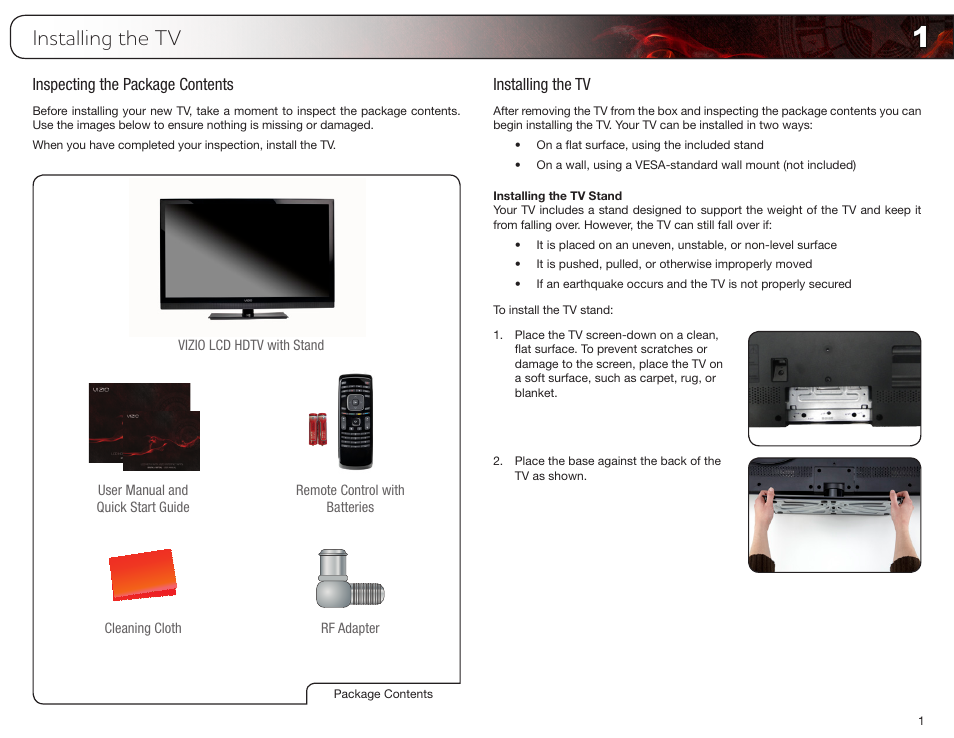 Installing the tv, Inspecting the package contents, Installing the tv stand | Inspecting the package contents installing the tv | Vizio E370VT User Manual | Page 9 / 48