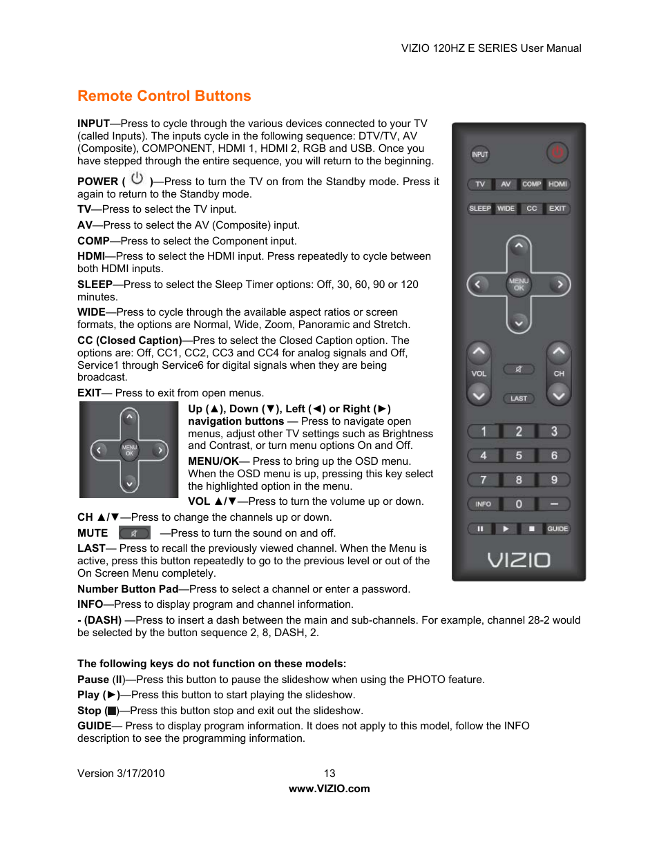 Remote control buttons | Vizio E421VA User Manual | Page 13 / 62