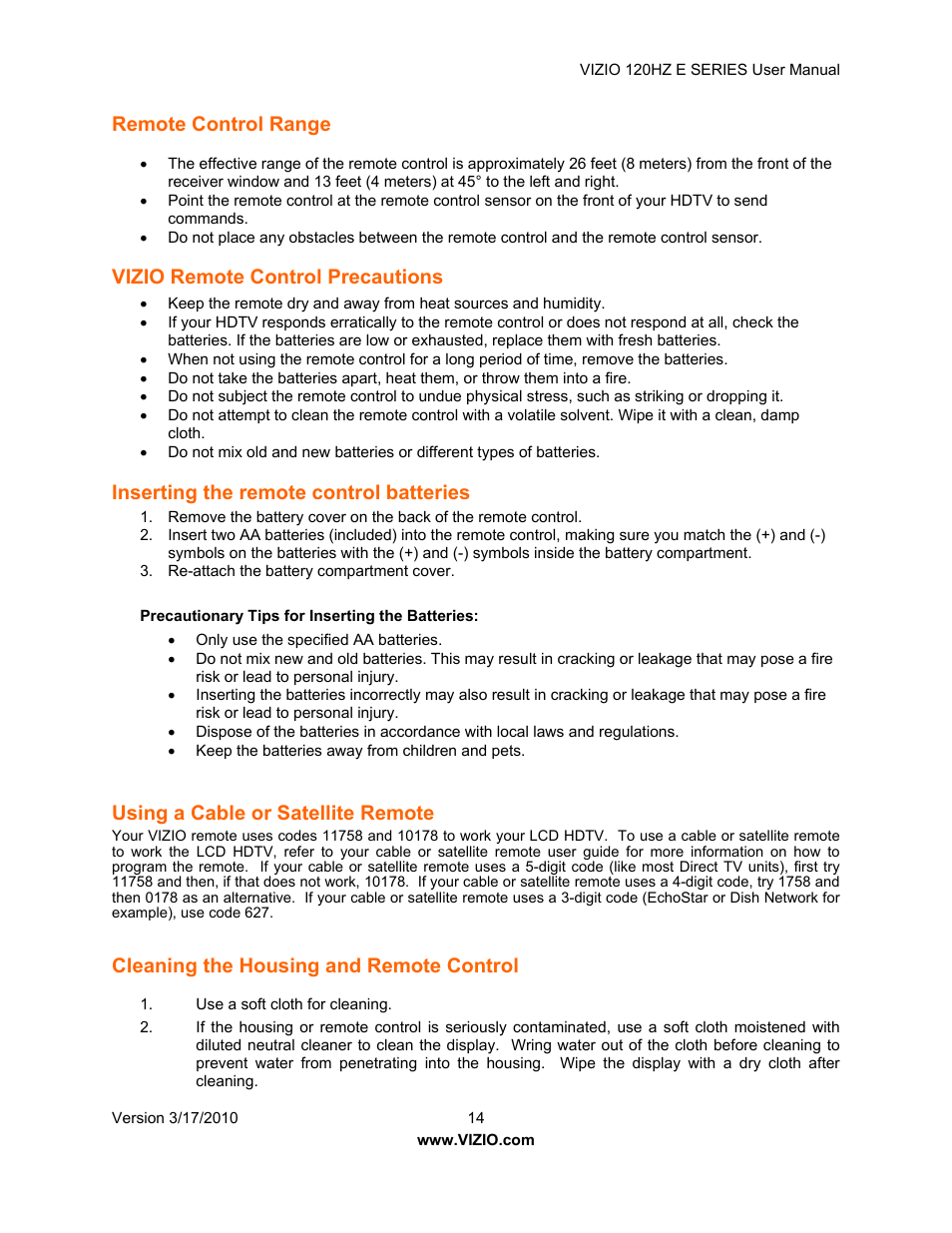 Remote control range, Vizio remote control precautions, Inserting the remote control batteries | Using a cable or satellite remote, Cleaning the housing and remote control | Vizio E421VA User Manual | Page 14 / 62