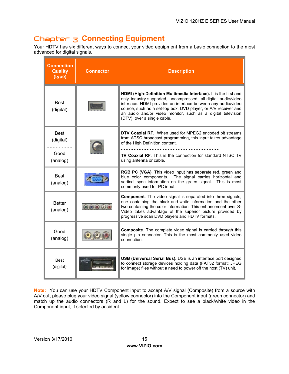 Connecting equipment, Chapter 3 | Vizio E421VA User Manual | Page 15 / 62