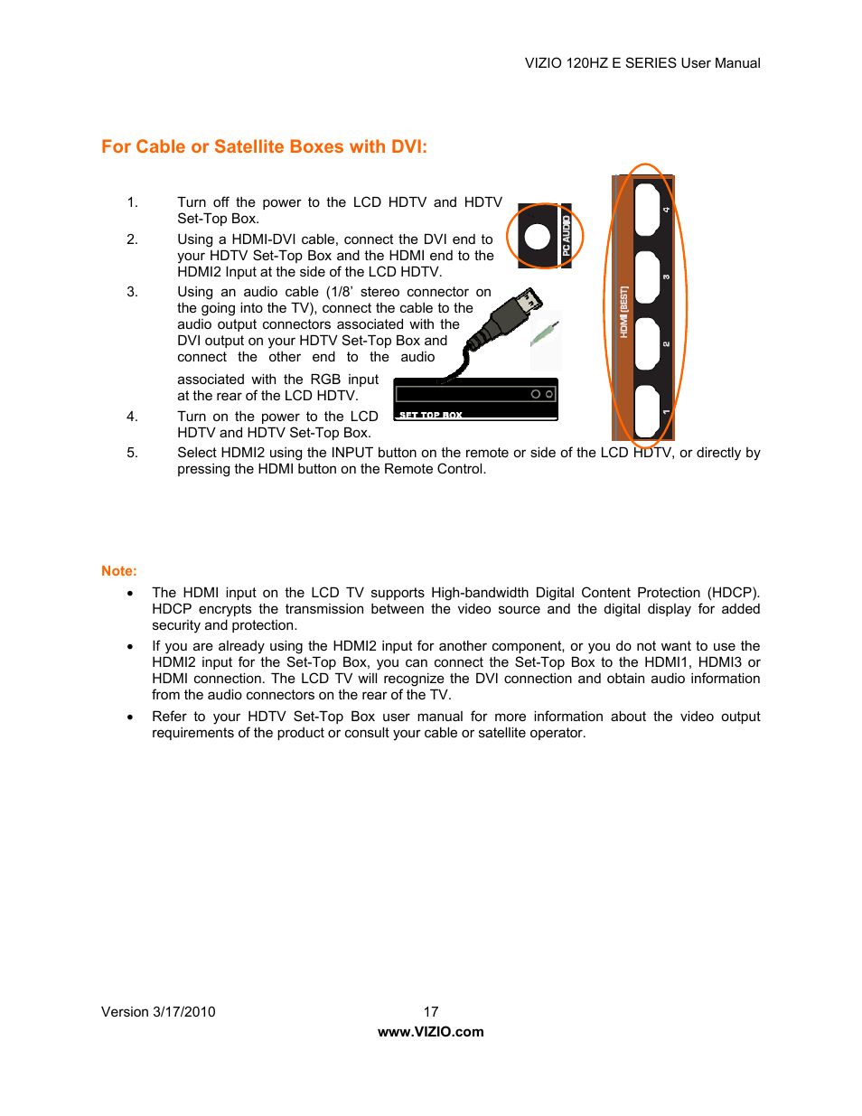 For cable or satellite boxes with dvi | Vizio E421VA User Manual | Page 17 / 62