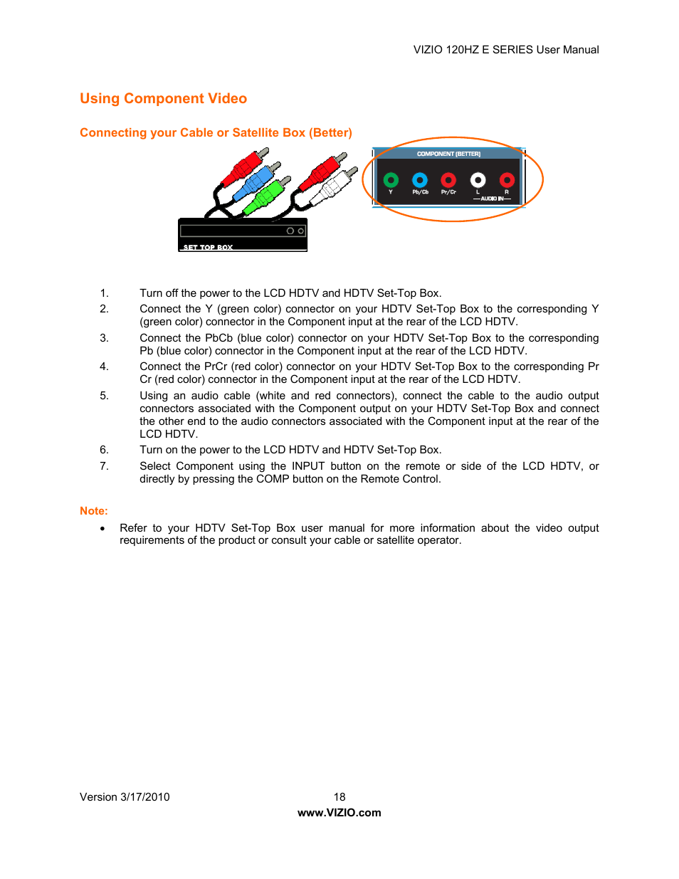 Using component video | Vizio E421VA User Manual | Page 18 / 62